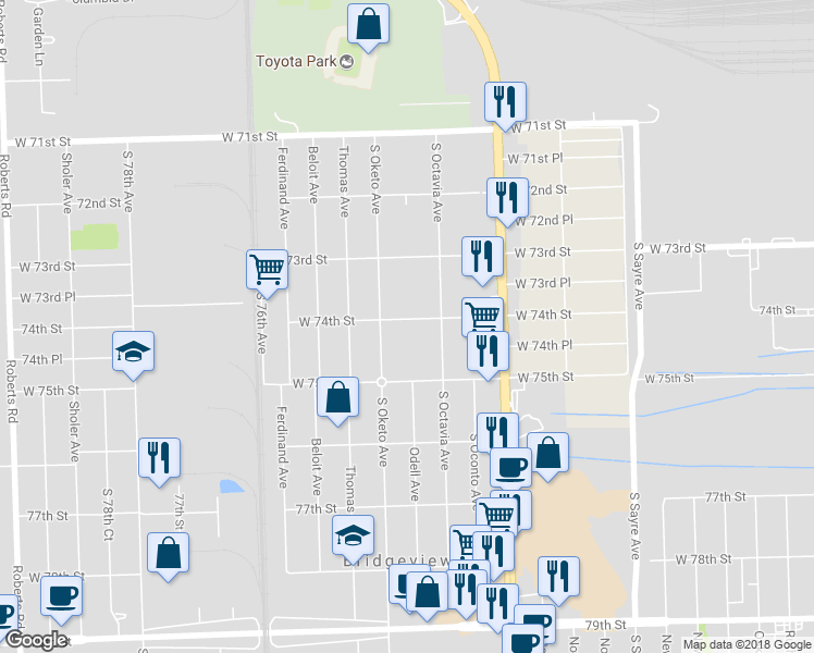 map of restaurants, bars, coffee shops, grocery stores, and more near 7323 West 74th Street in Bridgeview