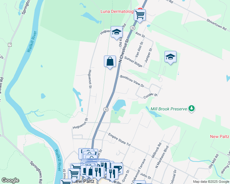 map of restaurants, bars, coffee shops, grocery stores, and more near 136 North Chestnut Street in New Paltz