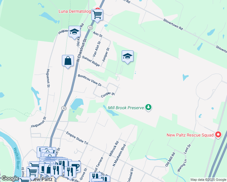 map of restaurants, bars, coffee shops, grocery stores, and more near 35 Cooper Street in New Paltz