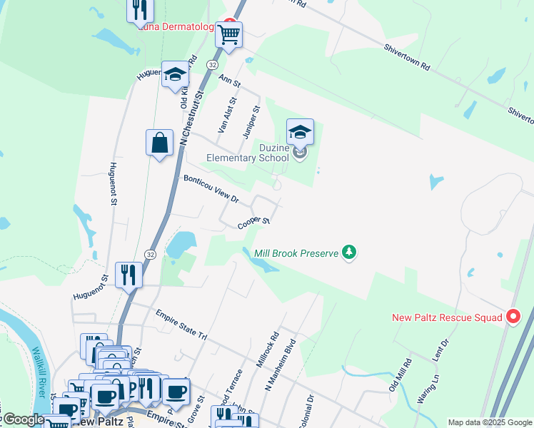 map of restaurants, bars, coffee shops, grocery stores, and more near 35 Cooper Street in New Paltz