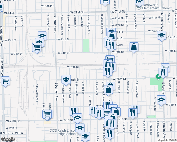 map of restaurants, bars, coffee shops, grocery stores, and more near 1733 West 75th Place in Chicago