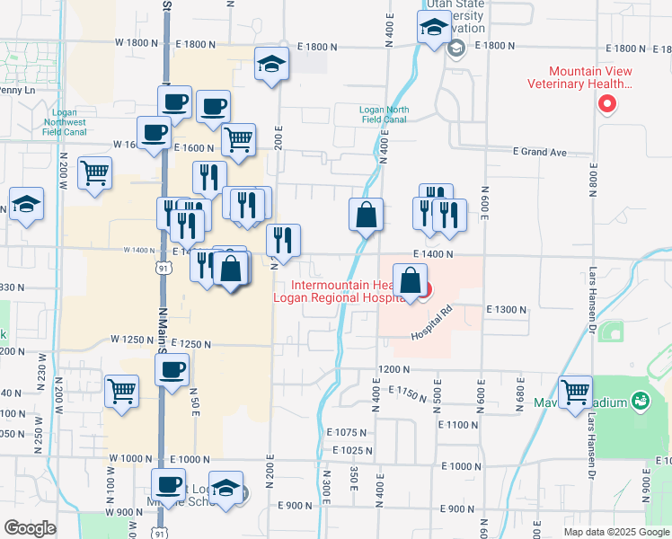 map of restaurants, bars, coffee shops, grocery stores, and more near 330 East 1400 North in Logan