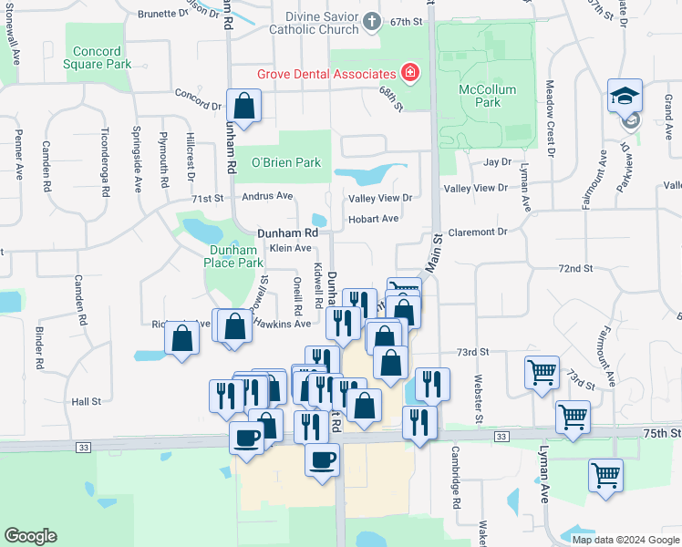 map of restaurants, bars, coffee shops, grocery stores, and more near 7135 Dunham Road in Downers Grove