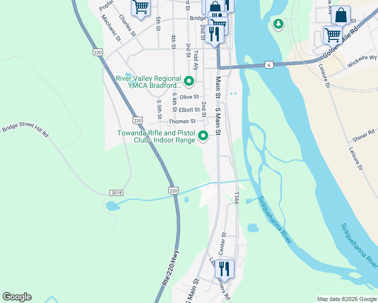 map of restaurants, bars, coffee shops, grocery stores, and more near 916 South Main Street in Towanda