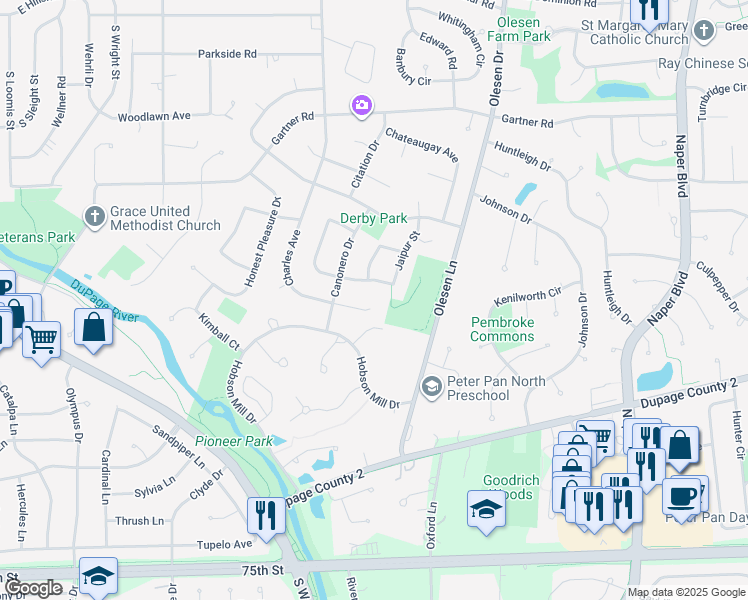 map of restaurants, bars, coffee shops, grocery stores, and more near 1141 Omaha Court in Naperville