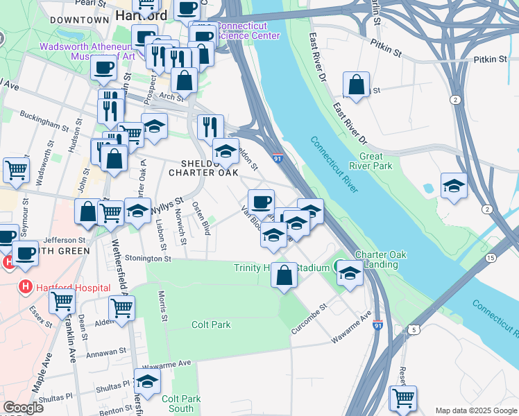 map of restaurants, bars, coffee shops, grocery stores, and more near 61 Huyshope Avenue in Hartford