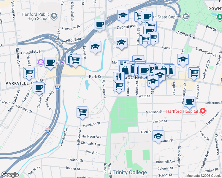 map of restaurants, bars, coffee shops, grocery stores, and more near 29 York Street in Hartford