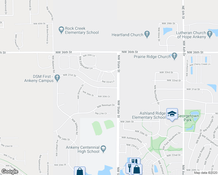 map of restaurants, bars, coffee shops, grocery stores, and more near 2122 Northwest 31st Street in Ankeny