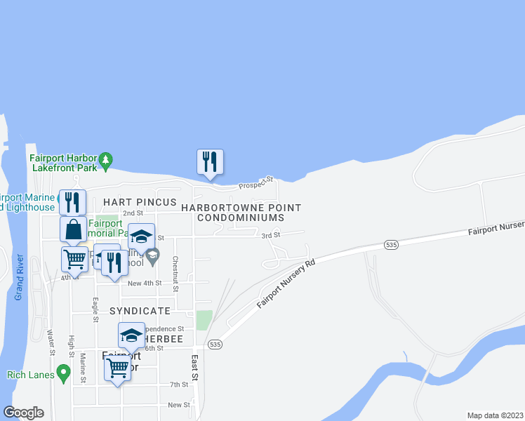 map of restaurants, bars, coffee shops, grocery stores, and more near 1000 2nd Street in Fairport Harbor