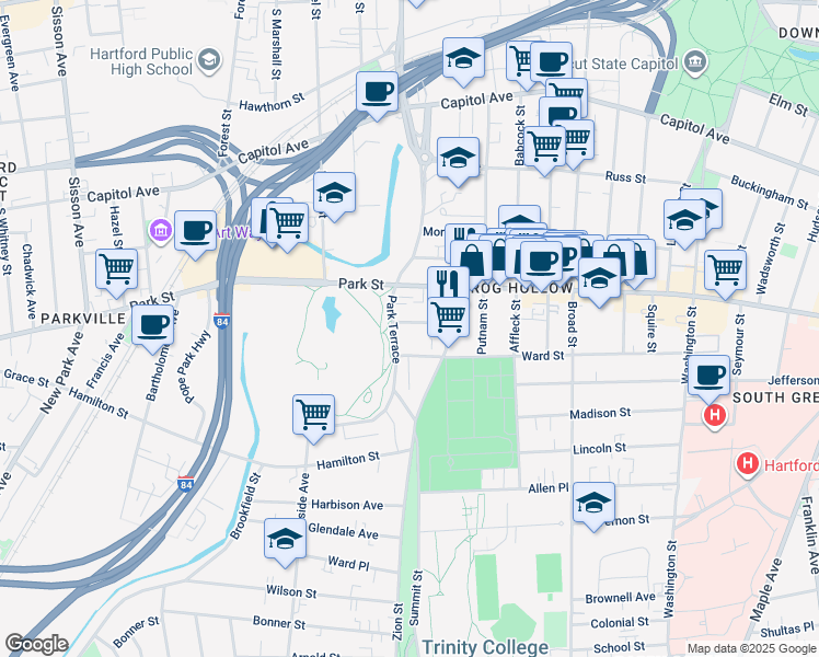 map of restaurants, bars, coffee shops, grocery stores, and more near 41 York Street in Hartford