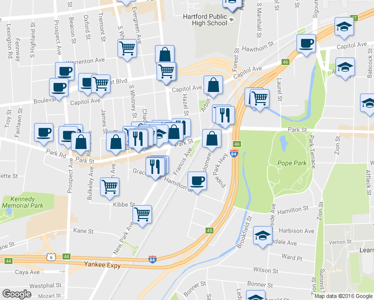 map of restaurants, bars, coffee shops, grocery stores, and more near 21 Francis Ave in Hartford