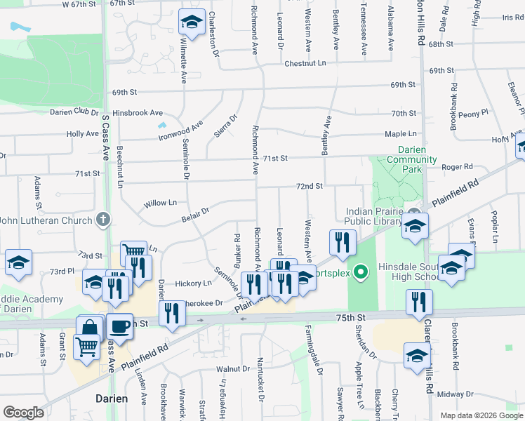 map of restaurants, bars, coffee shops, grocery stores, and more near 7217 Richmond Avenue in Darien