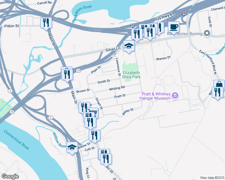map of restaurants, bars, coffee shops, grocery stores, and more near 57 Whiting Road in East Hartford