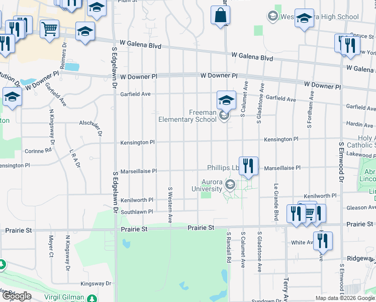 map of restaurants, bars, coffee shops, grocery stores, and more near 214 South Buell Avenue in Aurora