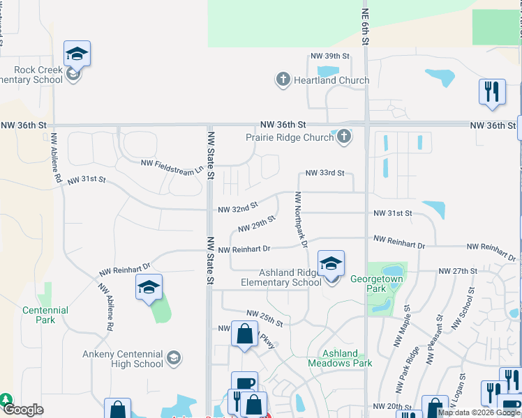 map of restaurants, bars, coffee shops, grocery stores, and more near 1880 Northwest 32nd Street in Ankeny