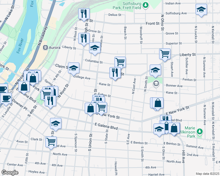 map of restaurants, bars, coffee shops, grocery stores, and more near 156 North State Street in Aurora