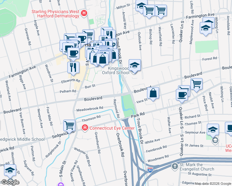 map of restaurants, bars, coffee shops, grocery stores, and more near 1538 Boulevard in West Hartford
