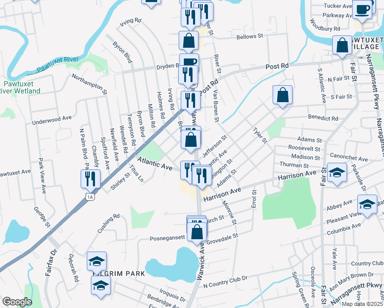 map of restaurants, bars, coffee shops, grocery stores, and more near 703 Warwick Avenue in Warwick
