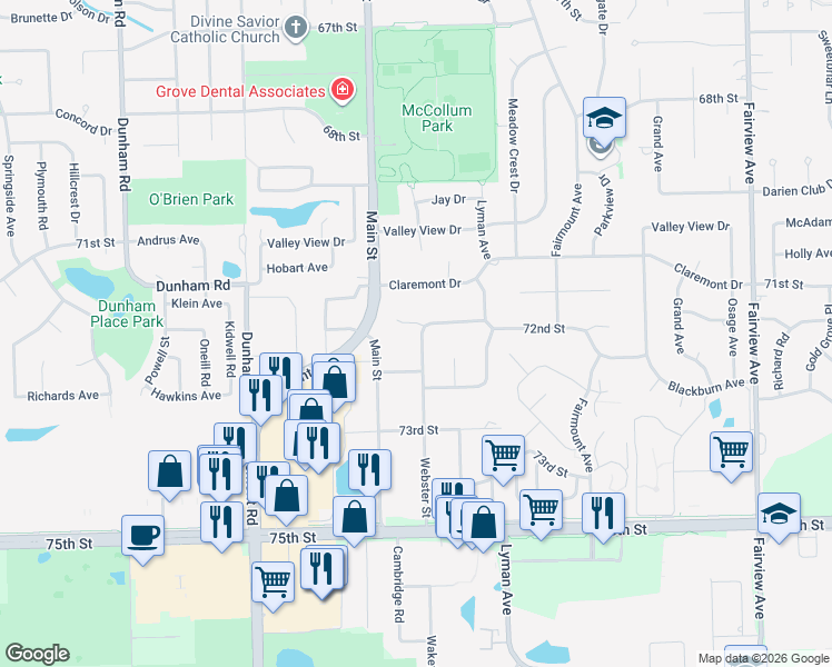 map of restaurants, bars, coffee shops, grocery stores, and more near 7200 Webster St in Downers Grove