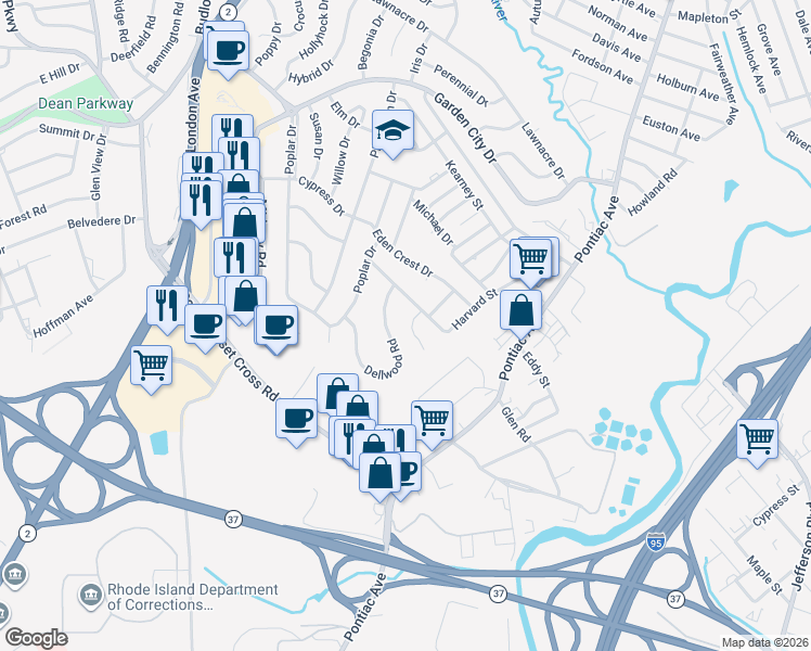 map of restaurants, bars, coffee shops, grocery stores, and more near 15 Harvard Ct in Cranston