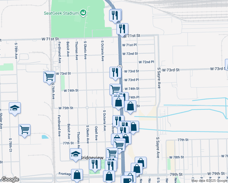 map of restaurants, bars, coffee shops, grocery stores, and more near 7211 West 74th Street in Bridgeview