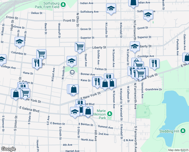 map of restaurants, bars, coffee shops, grocery stores, and more near 177 Trask Street in Aurora
