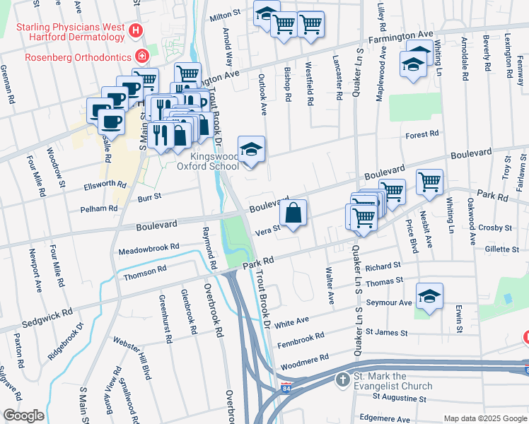map of restaurants, bars, coffee shops, grocery stores, and more near 1465 Boulevard in West Hartford