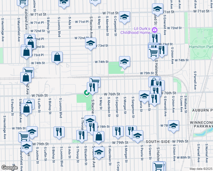 map of restaurants, bars, coffee shops, grocery stores, and more near 7520 South Aberdeen Street in Chicago