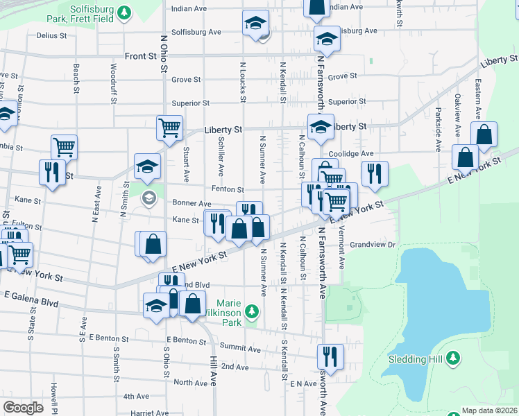 map of restaurants, bars, coffee shops, grocery stores, and more near 180 North Sumner Avenue in Aurora