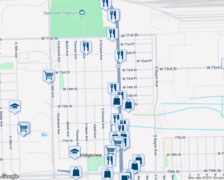 map of restaurants, bars, coffee shops, grocery stores, and more near 7211 West 74th Street in Bridgeview