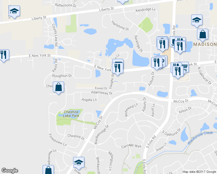 map of restaurants, bars, coffee shops, grocery stores, and more near 7S638 Vaughn Road in Aurora