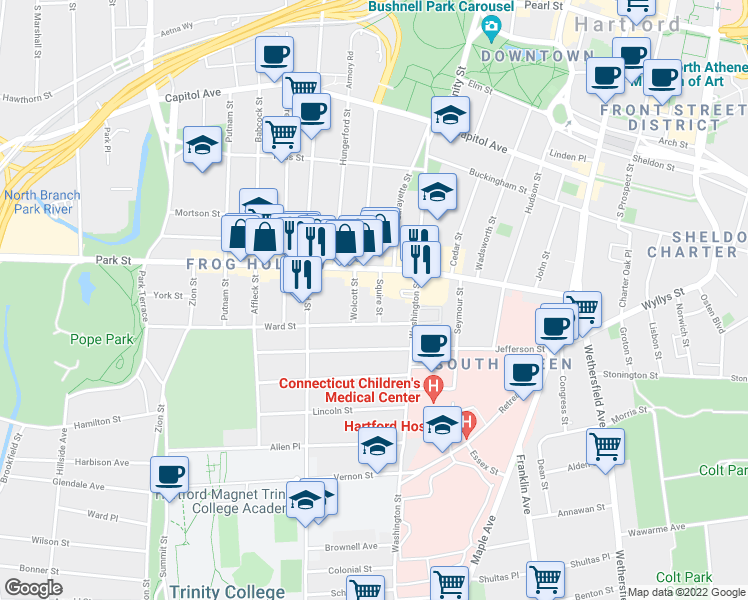 map of restaurants, bars, coffee shops, grocery stores, and more near 37/35 Squire Street in Hartford