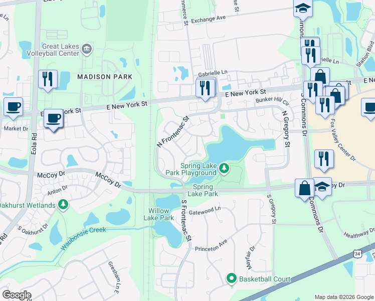 map of restaurants, bars, coffee shops, grocery stores, and more near 303 Persimmon Court in Aurora