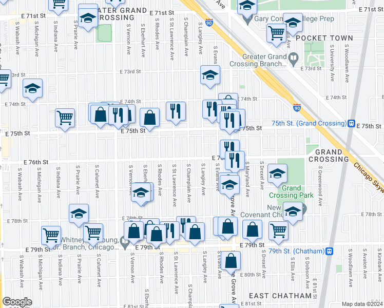 map of restaurants, bars, coffee shops, grocery stores, and more near 7551 South Champlain Avenue in Chicago