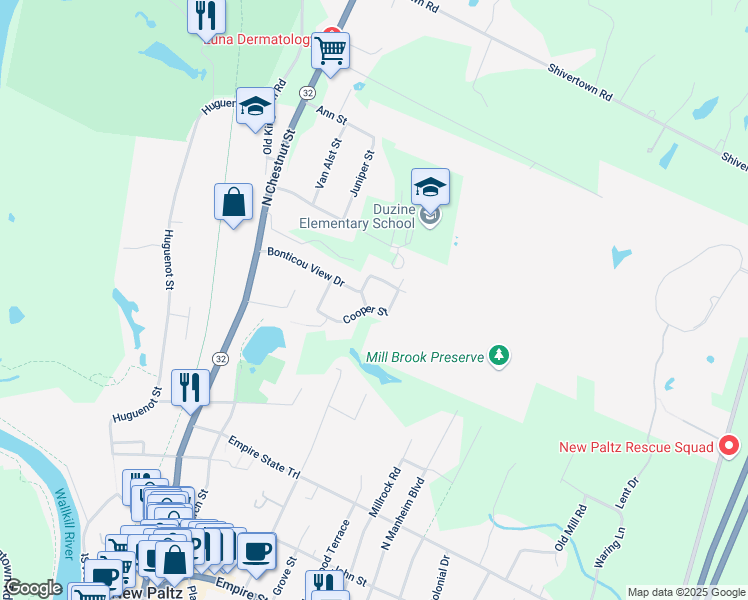 map of restaurants, bars, coffee shops, grocery stores, and more near 25 Cooper Street in New Paltz
