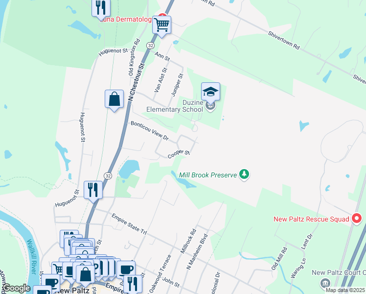 map of restaurants, bars, coffee shops, grocery stores, and more near 25 Cooper Street in New Paltz