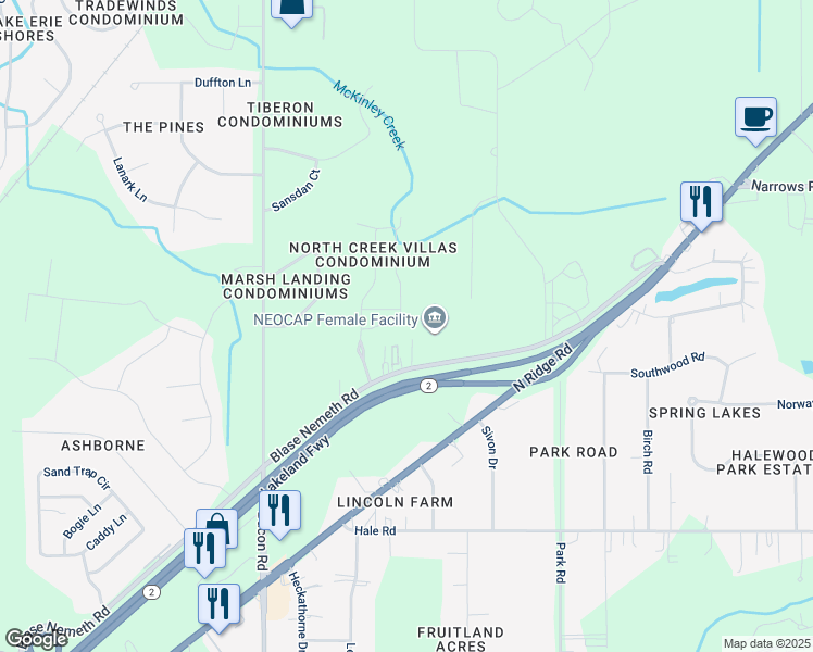 map of restaurants, bars, coffee shops, grocery stores, and more near 822 North Creek Drive in Painesville