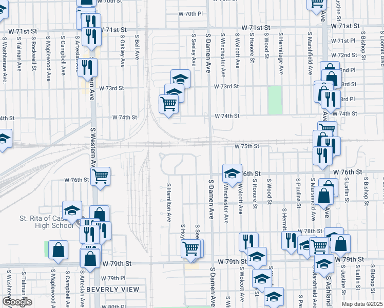 map of restaurants, bars, coffee shops, grocery stores, and more near 2101 West 75th Place in Chicago
