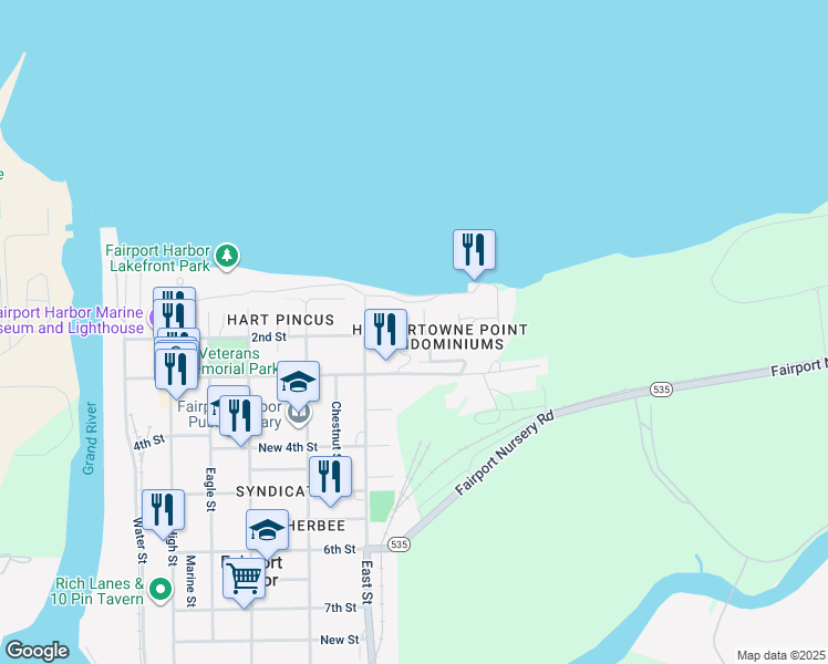map of restaurants, bars, coffee shops, grocery stores, and more near 665 2nd Street in Fairport Harbor