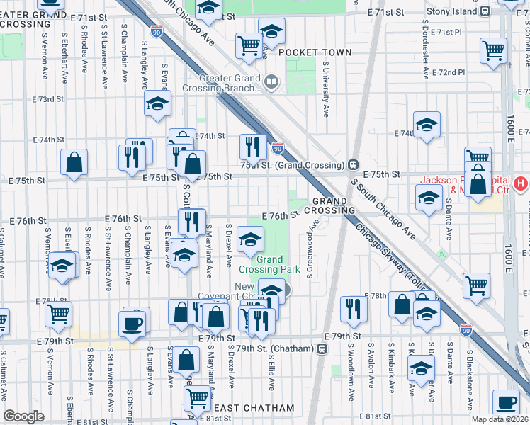 map of restaurants, bars, coffee shops, grocery stores, and more near 956 East 76th Street in Chicago