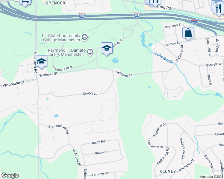 map of restaurants, bars, coffee shops, grocery stores, and more near 12 Wilson Way in Manchester