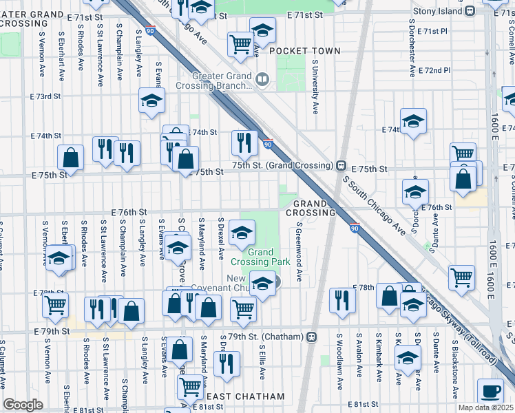 map of restaurants, bars, coffee shops, grocery stores, and more near 956 East 76th Street in Chicago