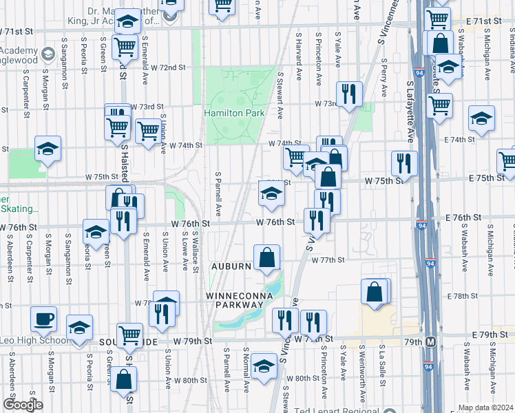 map of restaurants, bars, coffee shops, grocery stores, and more near 7534 South Eggleston Avenue in Chicago