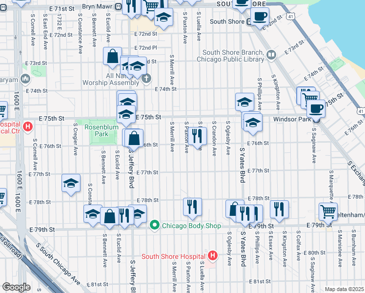 map of restaurants, bars, coffee shops, grocery stores, and more near 7600 South Paxton Avenue in Chicago