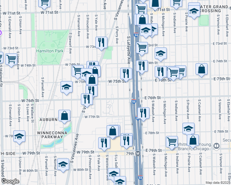 map of restaurants, bars, coffee shops, grocery stores, and more near 7538 South Perry Avenue in Chicago