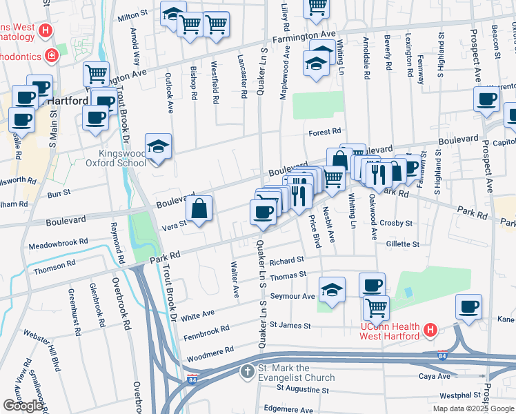 map of restaurants, bars, coffee shops, grocery stores, and more near 219 Quaker Lane South in West Hartford