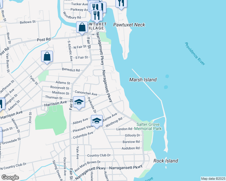 map of restaurants, bars, coffee shops, grocery stores, and more near 23 Canonchet Avenue in Warwick