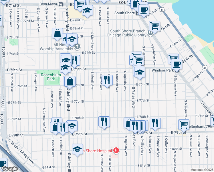 map of restaurants, bars, coffee shops, grocery stores, and more near 7600 South Luella Avenue in Chicago