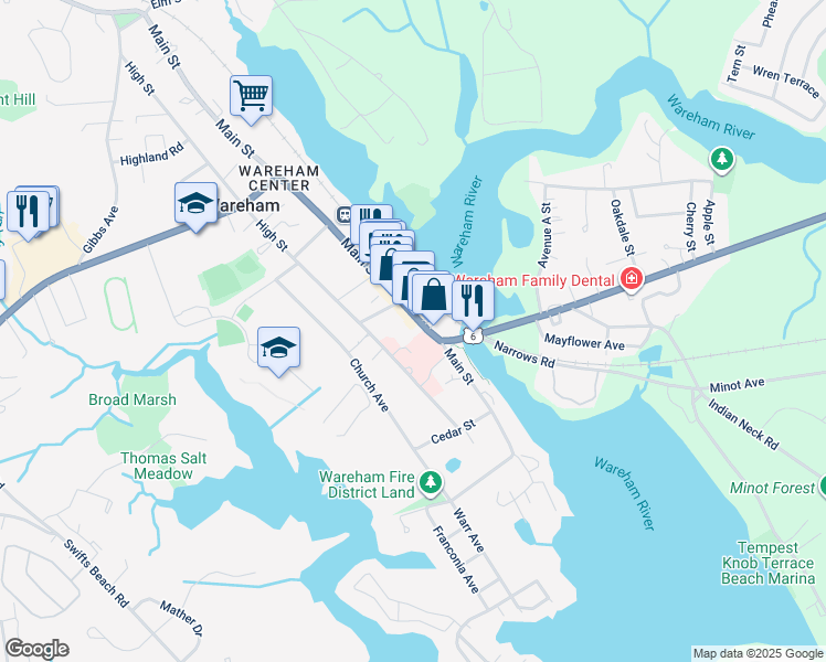 map of restaurants, bars, coffee shops, grocery stores, and more near 166 Main Street in Wareham