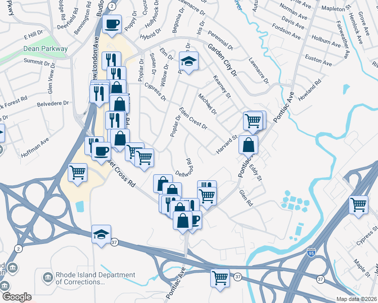 map of restaurants, bars, coffee shops, grocery stores, and more near 15 Harvard Court in Cranston